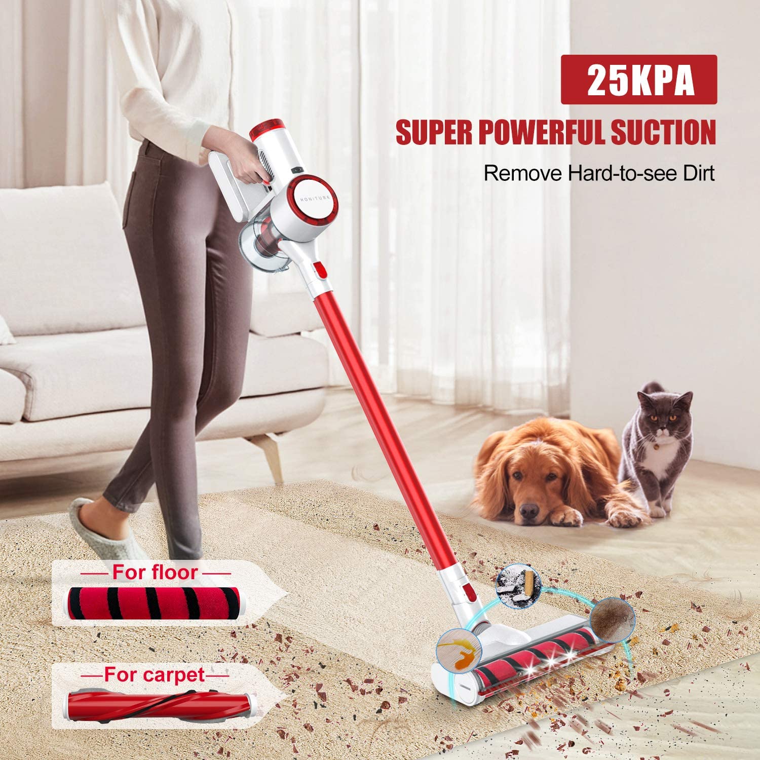  HONITURE Cordless Vacuum Cleaner 450W/38KPa Powerful Stick Vacuum  Cleaner with LCD Touch Screen, 55Min Runtime Battery, 6 in 1 Lightweight  Handheld Cordless Vacuum for Carpet Pet Hair Floors S12